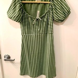 Madewell Green/White Jacquard Puff-Sleeve Mini Dress in Gingham Check NWT XXS